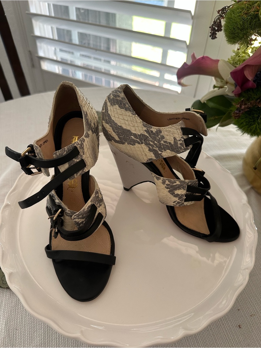 L.A.M.B. Black and Snake-Print Wedge Sandals